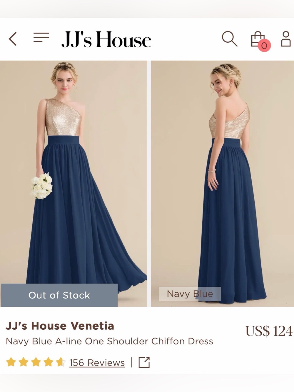 JJs House Navy Blue and Gold One-Shoulder Chiffon Gown